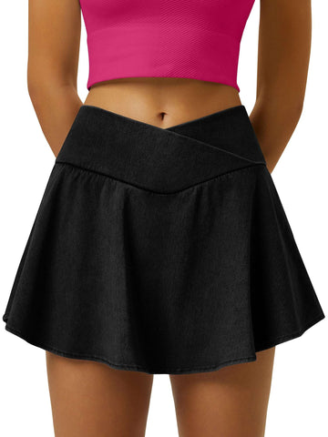 Cross-Pleated Sporty Flowy Denim Skirt