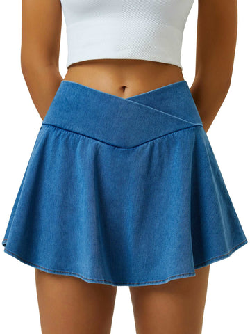 Cross-Pleated Sporty Flowy Denim Skirt