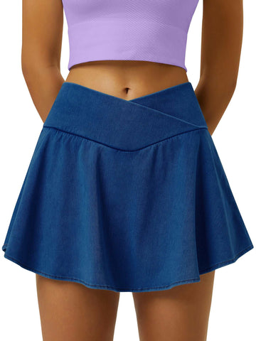 Cross-Pleated Sporty Flowy Denim Skirt