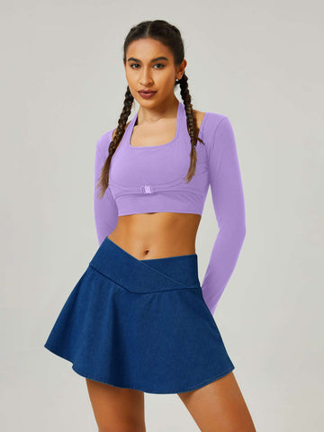 Cross-Pleated Sporty Flowy Denim Skirt