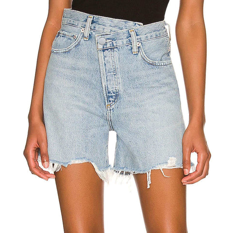 High Waist Crossover Stretch Denim Shorts