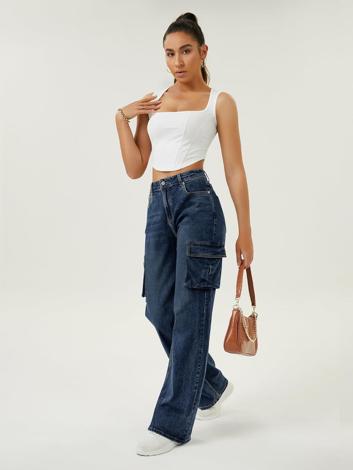 Woman in Funuca Women's Straight Work Jeans with wide leg and 6 pockets, work pose