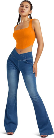 Leggings azules de cintura alta y campana